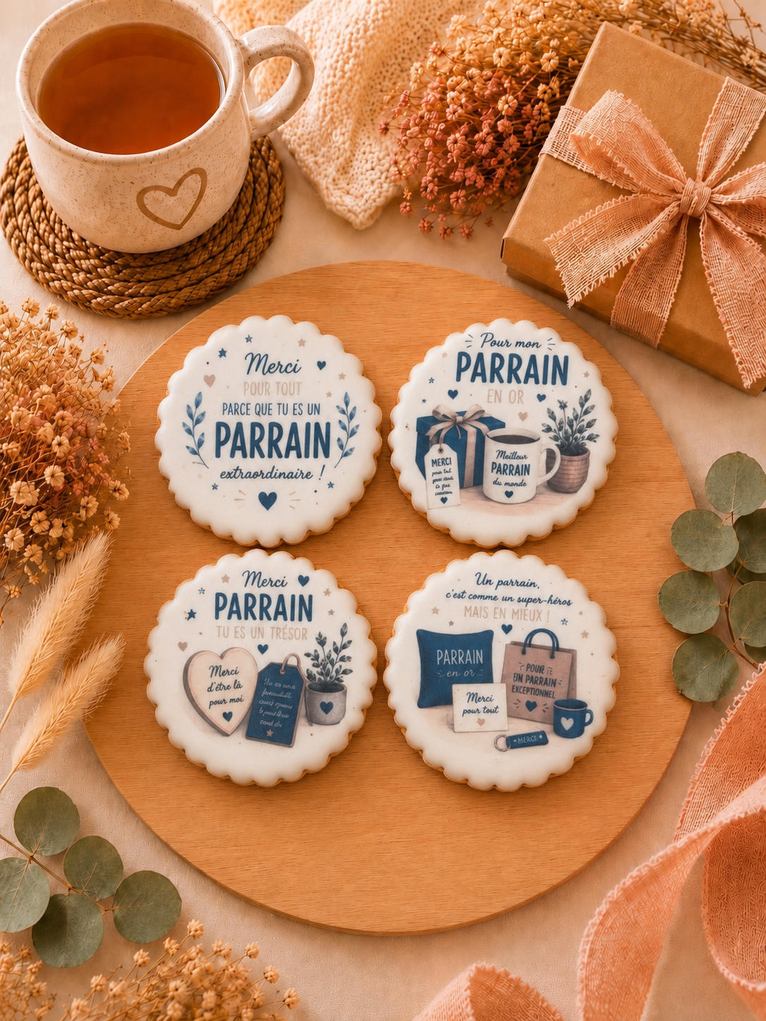 Coffret de 4 sablés artisanaux « Merci Parrain » – Cadeau gourmand pour parrain