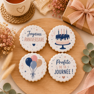 Coffret de 4 sablés artisanaux « Joyeux Anniversaire » – Cadeau gourmand d’anniversaire