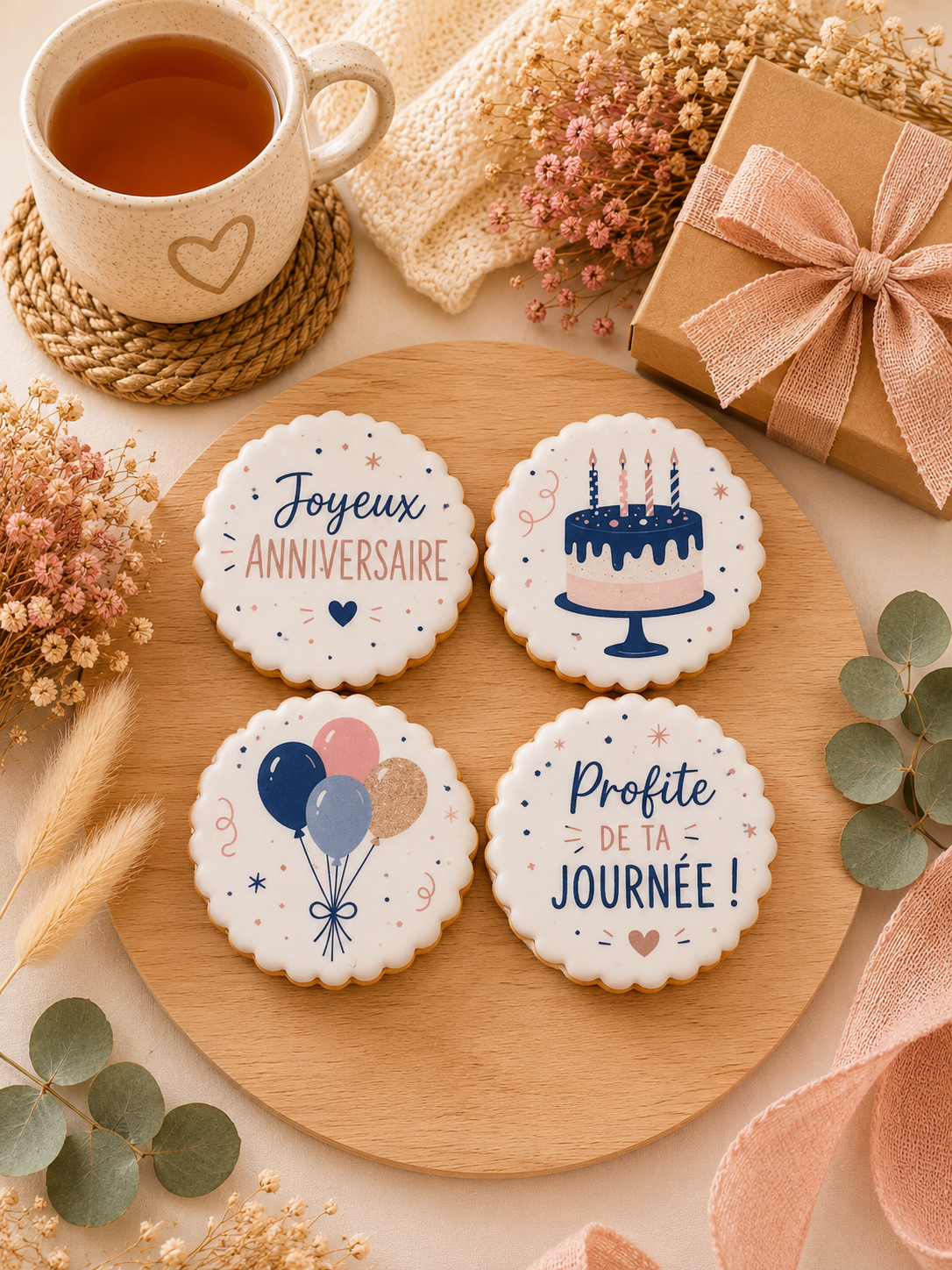 Coffret de 4 sablés artisanaux « Joyeux Anniversaire » – Cadeau gourmand d’anniversaire
