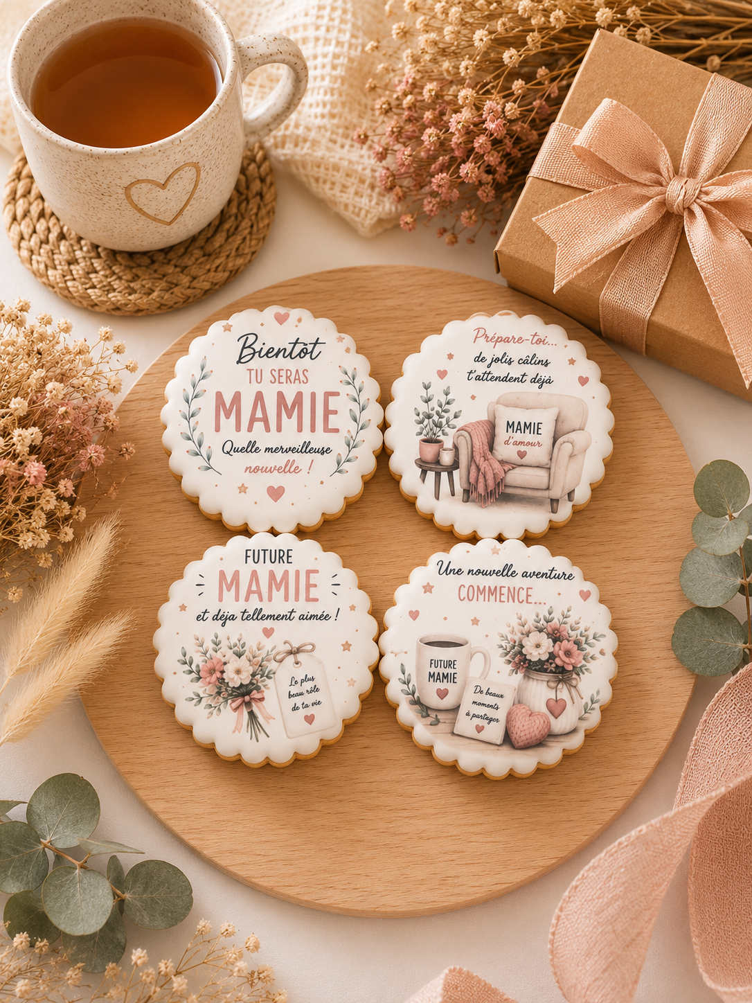 Coffret de 4 sablés artisanaux « Future Mamie » – Annonce de grossesse