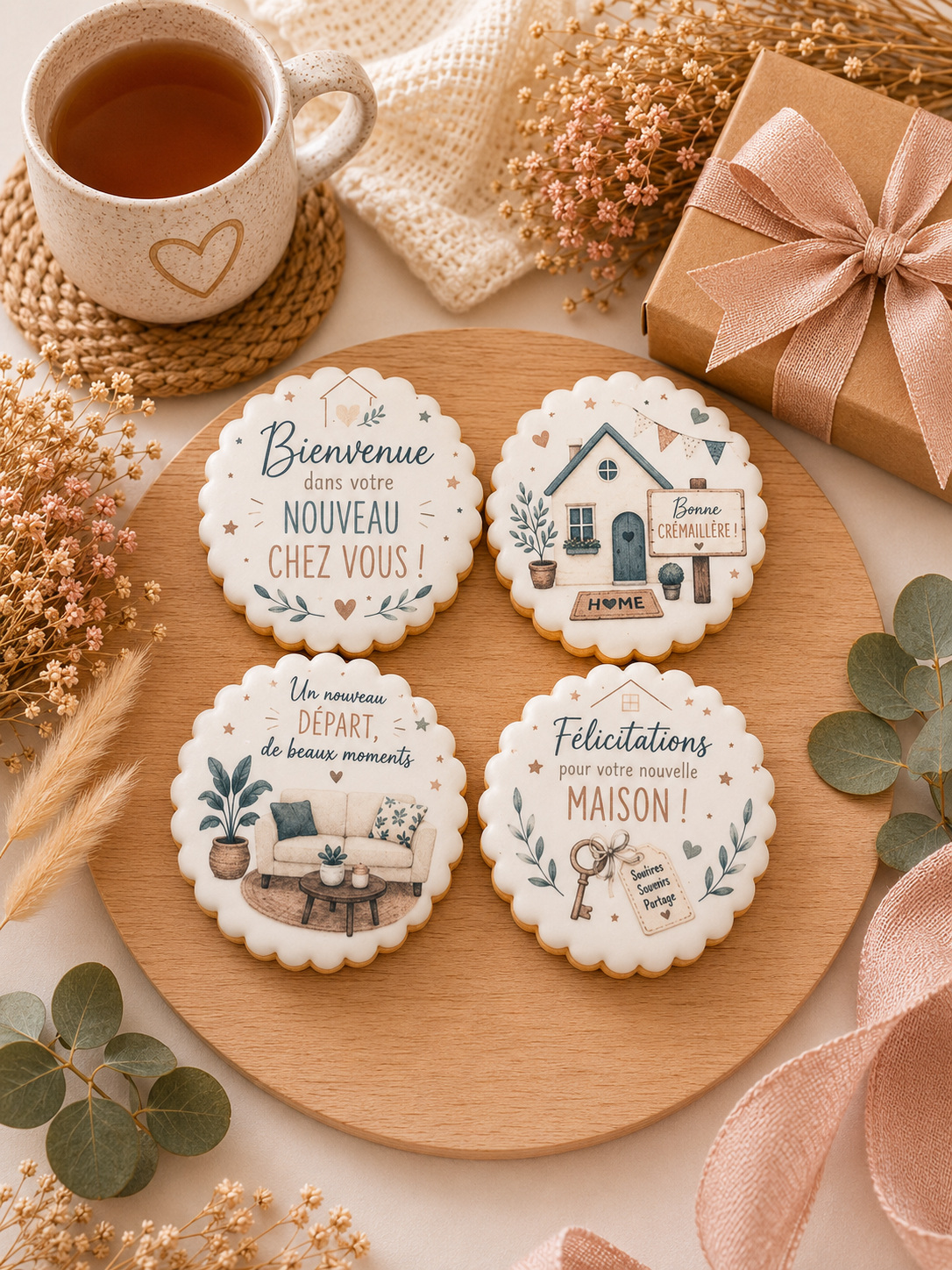 Coffret de 4 sablés artisanaux « Nouvelle Maison » – Cadeau de crémaillère