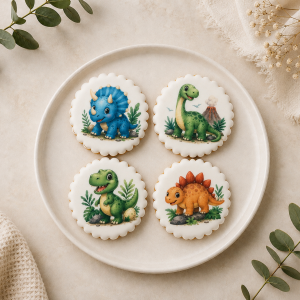 Coffret de 4 sablés artisanaux « Dinosaures » – Biscuits décorés