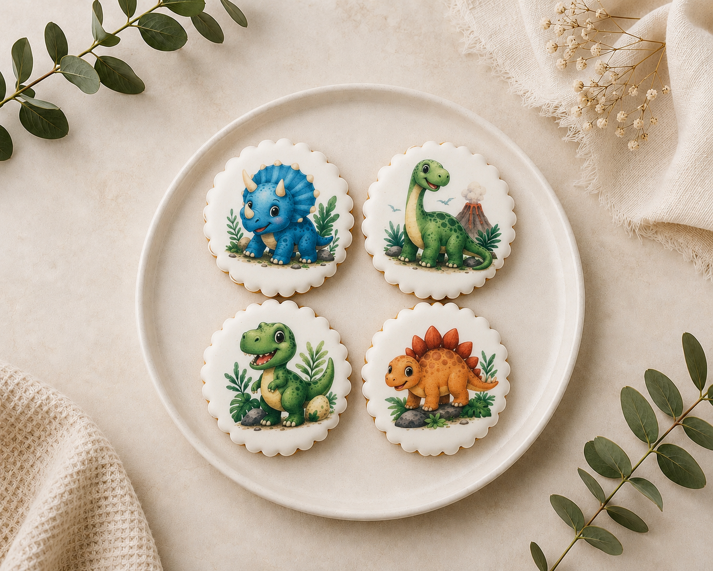 Coffret de 4 sablés artisanaux « Dinosaures » – Biscuits décorés