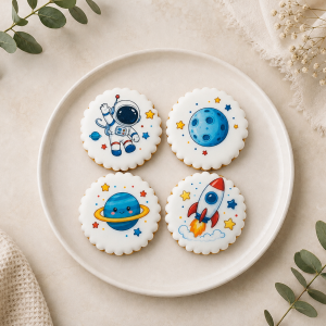 Coffret de 4 sablés artisanaux « Espace » – Biscuits décorés pour anniversaire