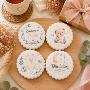Coffret de 4 sablés artisanaux « Bienvenue Bébé » – Cadeau de naissance