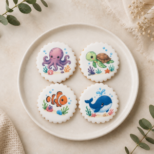 Coffret de 4 sablés artisanaux « Océan » – Biscuits décorés animaux marins