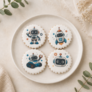 Coffret de 4 sablés artisanaux « Robots » – Biscuits décorés pour anniversaire