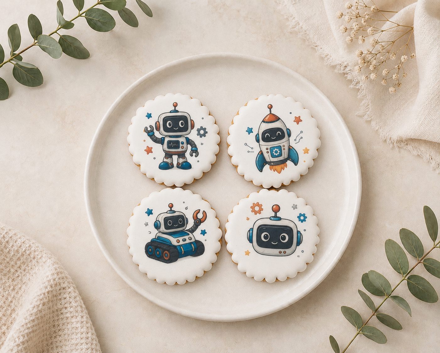 Coffret 4 biscuits artisanaux « Robots » – Biscuits décorés pour anniversaire