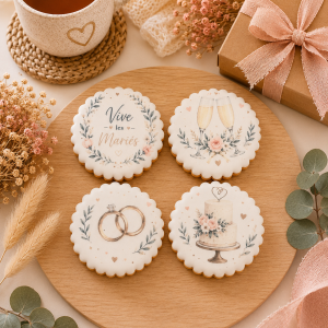Coffret de 4 sablés artisanaux « Vive les Mariés » – Cadeau de mariage